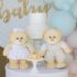 Elegant baby shower setup with teddy bear decorations and pastel balloons, perfect for gender reveal parties.