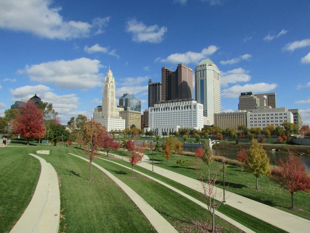 Experience the striking skyline of downtown Columbus, Ohio in the vibrant colors of fall.