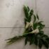 Beautiful calla lilies on a floor with broken vase shards around them.
