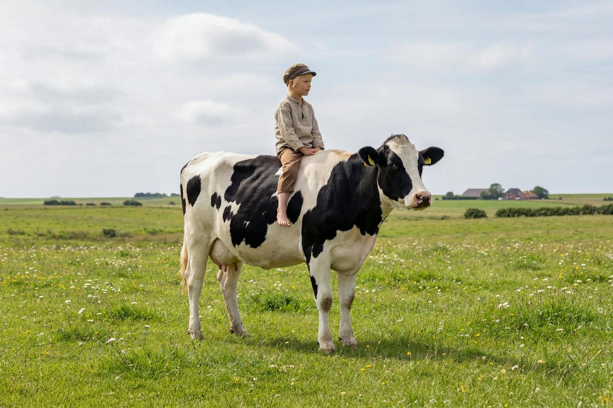 A child rides a Holstein cow in a sunny Schleswig-Holstein meadow, capturing rural life.
