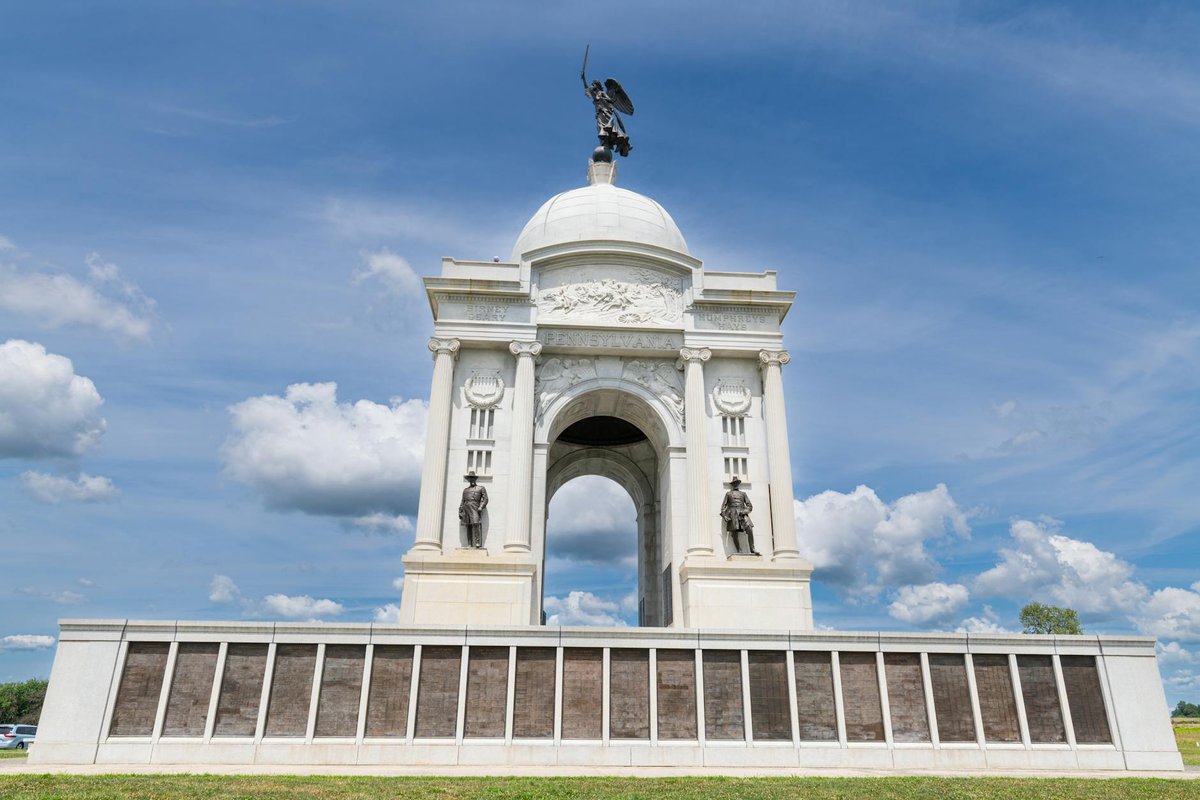 The Pennsylvania State Memorial under a clear blue sky in Gettysburg National Military Park.