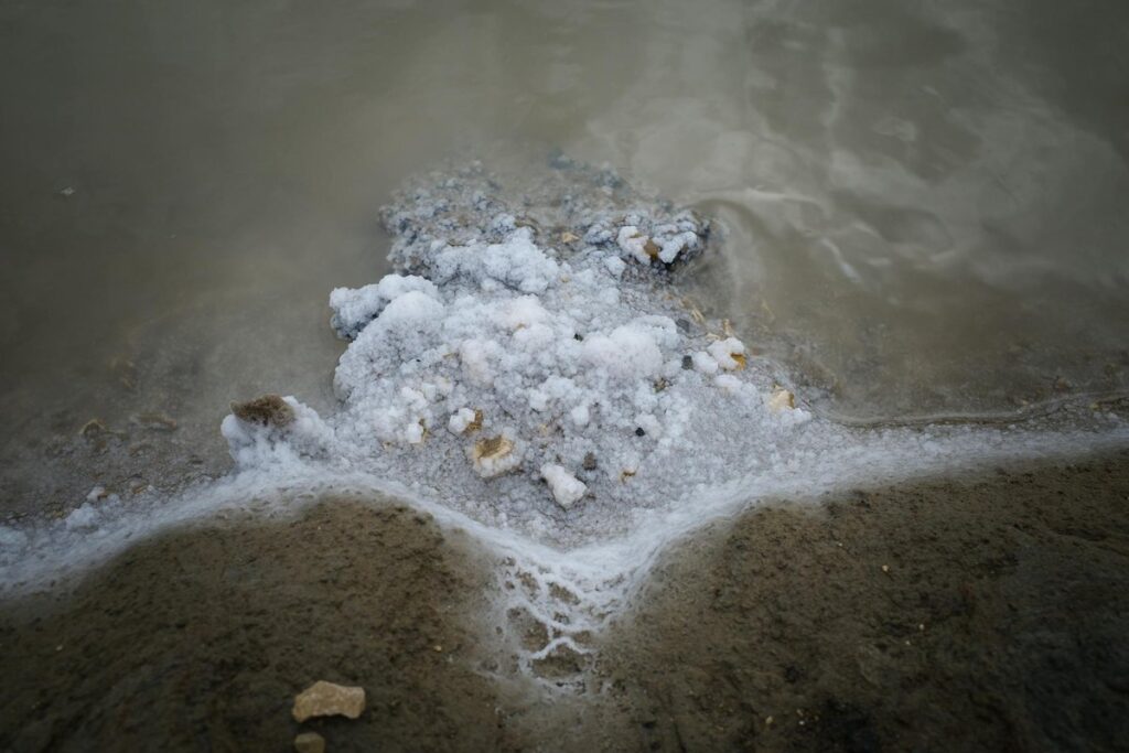 Close-up view of salt crystal formations on a seashore in Frankreich, showcasing natural mineral processes.