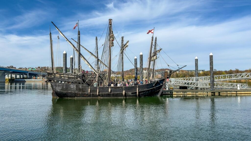 A historic sailing ship docked at the Chattanooga Riverfront, Tennessee.