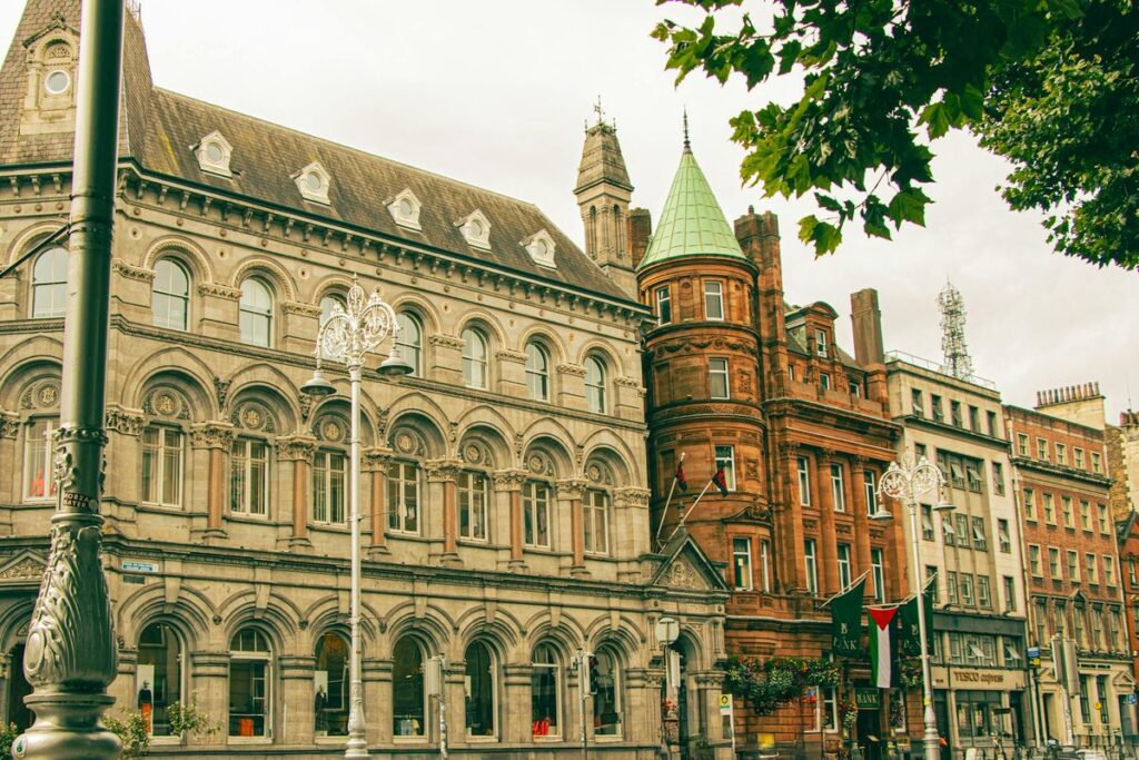A captivating view of historic buildings in Dublin, showcasing unique architectural styles.